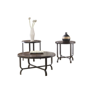 Benzara Round Wooden Table Set with Crossbar Metal Base, Set of Three, Brown and Black BM190113 Brown and Black Wood BM190113