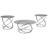 Benzara Contemporary Glass Top Table Set with Metal Rings Base, Clear and Silver BM190116 Clear and Silver Metal BM190116