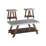 Faux Tin and Wooden Table Set with Plank Style Lower Shelf, Set of Three, Brown and Silver