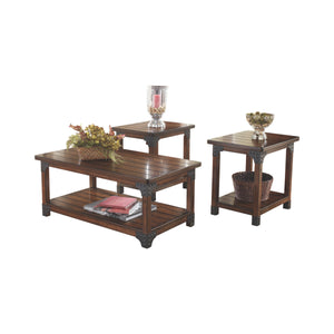 Benzara Wooden Table Set with Lower Shelf and Metal Brackets, Set of Three, Brown and Gray BM190129 Brown and Gray Wood BM190129