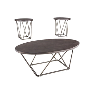 Benzara Elm Wood Table Set with Bridge Truss Metal Base, Set of Three, Brown and Gray BM190131 Brown and Gray Wood BM190131