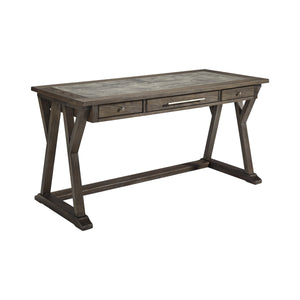 Benzara Three Drawer Wooden Desk with Cross Brace Stretcher and Faux Bluestone Top, Gray BM190136 Gray Wood BM190136