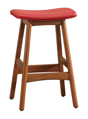 Benzara Leatherette Wooden Counter Stool with Saddle Seat, Set of 2, Red and Brown  BM190164 Red and Brown Wood and Leather BM190164