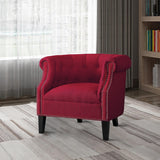 Benzara Transitional Polyester Upholstered Button Tufted Accent Chair with Nail Head Trim, Red BM190175 Red Polyester and Wood BM190175