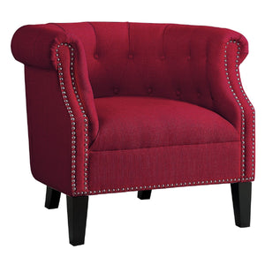 Benzara Transitional Polyester Upholstered Button Tufted Accent Chair with Nail Head Trim, Red BM190175 Red Polyester and Wood BM190175