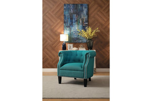 Benzara Transitional Polyester Upholstered Button Tufted Accent Chair with Nail Head Trim, Blue BM190176 Blue Polyester and Wood BM190176