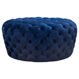 Benzara Velvet Upholstered Button Tufted Round Accent Ottoman, Blue BM190824 Blue Velvet and Wood BM190824