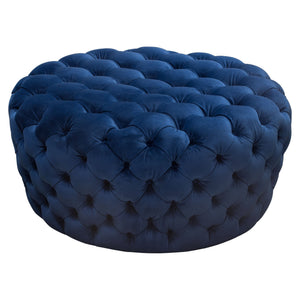 Benzara Velvet Upholstered Button Tufted Round Accent Ottoman, Blue BM190824 Blue Velvet and Wood BM190824