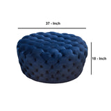 Benzara Velvet Upholstered Button Tufted Round Accent Ottoman, Blue BM190824 Blue Velvet and Wood BM190824