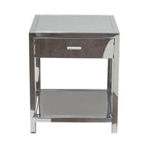 Benzara Square Stainless Steel Accent Table with One Drawer  and Open Bottom Shelf, Silver BM190834 Silver Stainless Steel BM190834