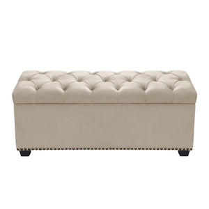 Benzara Velvet Upholstered Button Tufted Trunk with Lift Top Storage and Nail head Accent Trim, Beige BM190847 Beige Wood and Velvet BM190847