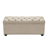 Benzara Velvet Upholstered Button Tufted Trunk with Lift Top Storage and Nail head Accent Trim, Beige BM190847 Beige Wood and Velvet BM190847