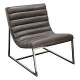 Leather Upholstered Lounge Chair with Channel Tufting Details  and Steel Frame, Brown  and Silver