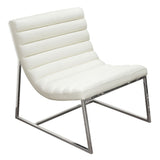 Leather Upholstered Lounge Chair with Channel Tufting Details  and Steel Frame, White  and Silver