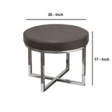 Benzara Leather Upholstered Round Accent Stool with Cross Metal Legs, Gray and Chrome BM191073 Gray and Chrome Metal and Faux Leather BM191073