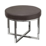 Leather Upholstered Round Accent Stool with Cross Metal Legs, Gray and Chrome