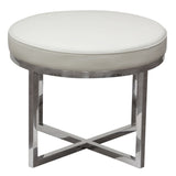 Benzara Leather Upholstered Round Accent Stool with Cross Metal Legs, White and Chrome BM191074 White and Chrome Metal and Faux Leather BM191074