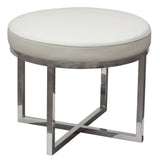 Leather Upholstered Round Accent Stool with Cross Metal Legs, White and Chrome