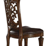 Benzara Wooden Side Chair with Cut Out Floral Molding, Set of 2, Brown BM191375 Brown Solid Wood, Leatherette, Polyresin BM191375