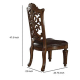 Benzara Wooden Side Chair with Cut Out Floral Molding, Set of 2, Brown BM191375 Brown Solid Wood, Leatherette, Polyresin BM191375