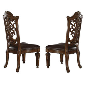 Benzara Wooden Side Chair with Cut Out Floral Molding, Set of 2, Brown BM191375 Brown Solid Wood, Leatherette, Polyresin BM191375