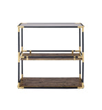 Benzara Rechange Glass Top Console Table Metal Tubular Framing and Wooden Shelves, Black and Brown BM191404 Black and Brown Metal, Glass, Veneer, Engineered Wood BM191404