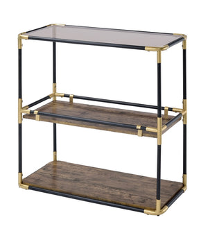 Benzara Rechange Glass Top Console Table Metal Tubular Framing and Wooden Shelves, Black and Brown BM191404 Black and Brown Metal, Glass, Veneer, Engineered Wood BM191404