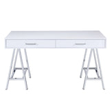 Benzara Rectangular Two Drawers Wooden Desk with Saw horse Metal Legs, Silver and White BM191427 Silver and White Metal, Veneer, Engineered Wood BM191427