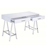 Benzara Rectangular Two Drawers Wooden Desk with Saw horse Metal Legs, Silver and White BM191427 Silver and White Metal, Veneer, Engineered Wood BM191427