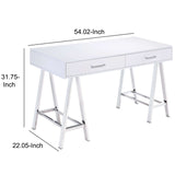 Benzara Rectangular Two Drawers Wooden Desk with Saw horse Metal Legs, Silver and White BM191427 Silver and White Metal, Veneer, Engineered Wood BM191427