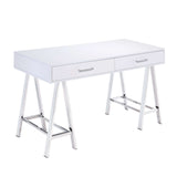 Benzara Rectangular Two Drawers Wooden Desk with Saw horse Metal Legs, Silver and White BM191427 Silver and White Metal, Veneer, Engineered Wood BM191427