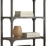 Benzara 65 Inch 4 Tier Industrial Metal Bookshelf with Rivets, Gray BM191428 Gray Metal, Solid Wood, Veneer BM191428