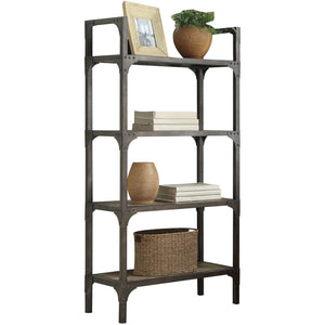 Benzara 65 Inch 4 Tier Industrial Metal Bookshelf with Rivets, Gray BM191428 Gray Metal, Solid Wood, Veneer BM191428