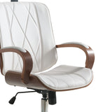 Benzara Faux Leather Office Chair Adjustable Height Swivel, White PU & Walnut brown BM191439 White Metal, Wood, Faux Leather, Gas Lift BM191439
