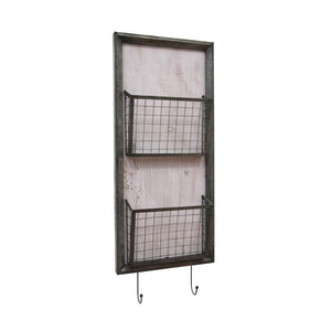 Benzara Traditional Metal Two Tier Wall Basket with Two Hooks, Gray BM191724 Gray Metal BM191724