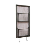 Benzara Traditional Metal Two Tier Wall Basket with Two Hooks, Gray BM191724 Gray Metal BM191724