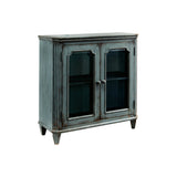 Benzara Distressed Wooden Accent Cabinet with Glass Front Doors Storage, Vintage Blue BM193784 Blue Wood Veneer engineered wood and metal BM193784