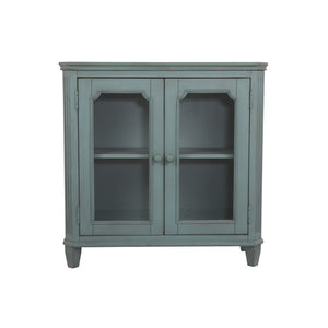 Benzara Distressed Wooden Accent Cabinet with Glass Front Doors Storage, Vintage Blue BM193784 Blue Wood Veneer engineered wood and metal BM193784