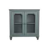 Distressed Wooden Accent Cabinet with Glass Front Doors Storage, Vintage Blue