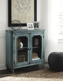 Benzara Distressed Wooden Accent Cabinet with Glass Front Doors Storage, Vintage Blue BM193784 Blue Wood Veneer engineered wood and metal BM193784