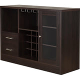 Benzara 2 Drawer Wooden Server with One Side Door Cabinet and Wine Rack, Dark Brown BM193794 Brown Solid Wood and Glass BM193794