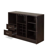 Benzara 2 Drawer Wooden Server with One Side Door Cabinet and Wine Rack, Dark Brown BM193794 Brown Solid Wood and Glass BM193794