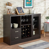 Benzara 2 Drawer Wooden Server with One Side Door Cabinet and Wine Rack, Dark Brown BM193794 Brown Solid Wood and Glass BM193794