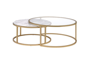 Benzara Metal Framed Nesting Coffee Tables with Glass and Marble Tops, Set of Two, Gold BM193836 Gold Glass Faux Marble and Metal BM193836