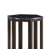 Benzara 20 Inch Hexagonal Wooden End Table with Marble Top, Brown BM193858 Brown Marble, Solid Wood BM193858