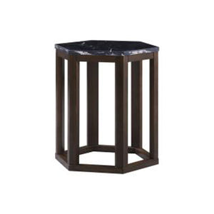 Benzara 20 Inch Hexagonal Wooden End Table with Marble Top, Brown BM193858 Brown Marble, Solid Wood BM193858