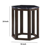 Benzara 20 Inch Hexagonal Wooden End Table with Marble Top, Brown BM193858 Brown Marble, Solid Wood BM193858