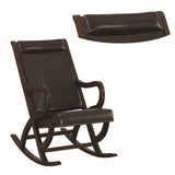 Benzara Faux Leather Upholstered Wooden Rocking Chair with Looped Arms, Brown BM193886 Brown Wood and Faux Leather BM193886