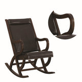 Benzara Faux Leather Upholstered Wooden Rocking Chair with Looped Arms, Brown BM193886 Brown Wood and Faux Leather BM193886