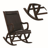 Benzara Faux Leather Upholstered Wooden Rocking Chair with Looped Arms, Brown BM193886 Brown Wood and Faux Leather BM193886